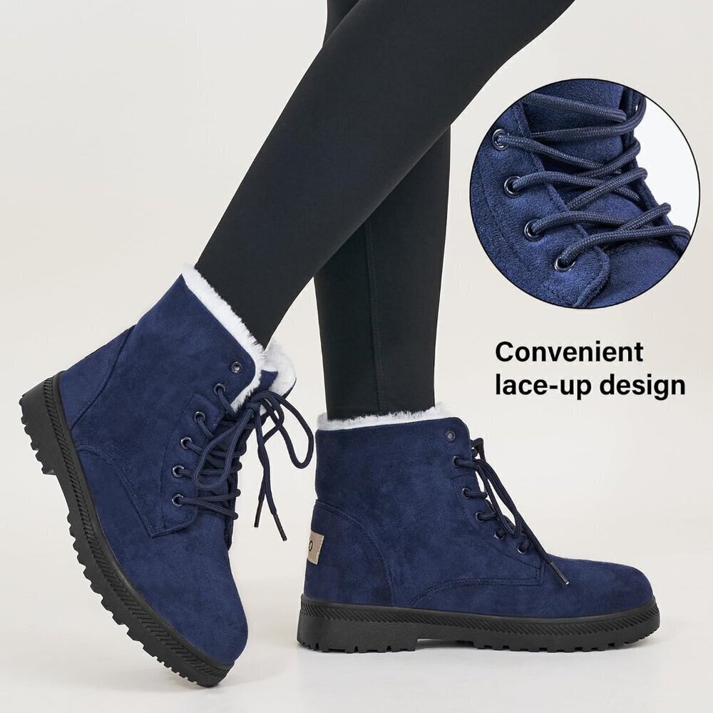 Alicegana Women's Winter Boots Snow Warm Fur Lined Lace Up Blue Non Slip Boots - Picture 5 of 5